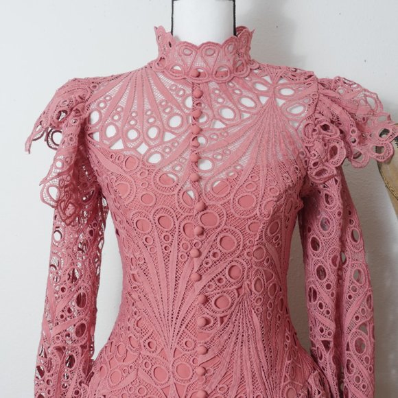 L'ATISTE Dusty Rose Pink Lace Eyelet Ruffle MockNeck Victorian French Boho Dress - Picture 4 of 16